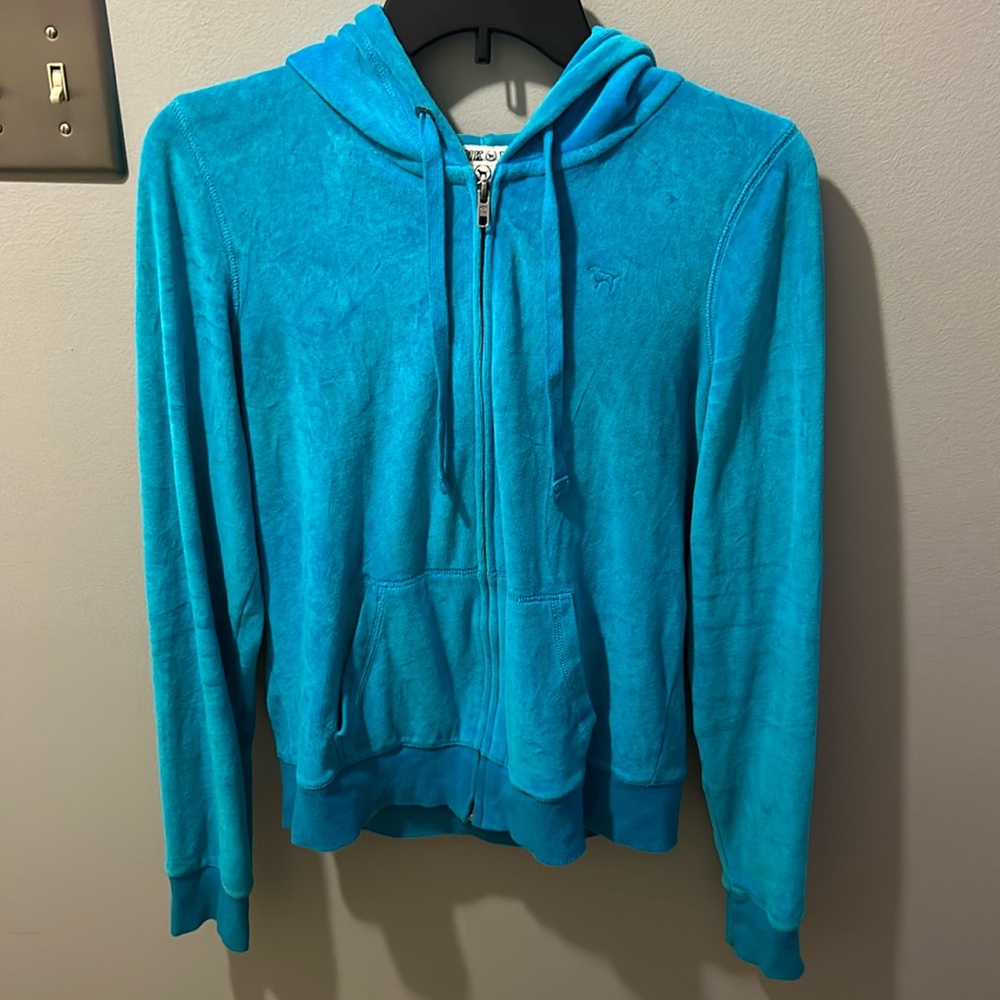 Turquoise velvet Victoria Secret Pink zip up jacket with pockets